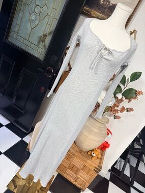 aerie Light Gray Ribbed Long-Sleeve Maxi Dress with Front Tie